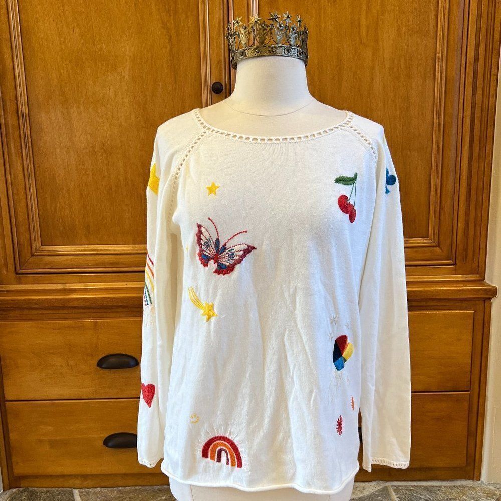 Johnny Was Whimsical Cashmere Blend Creme Sweater Size Medium NWT